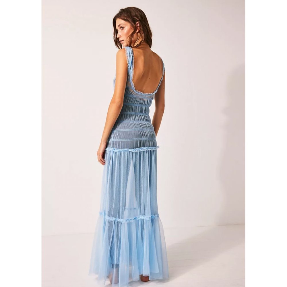 NWT Free People Smock About It Slip Dress โ Blue "Lake Life" Small | Sheer Maxi - Picture 5 of 8
